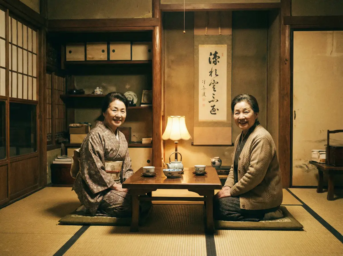 两位优雅的 情侣视频 在日式茶室中品茶交谈